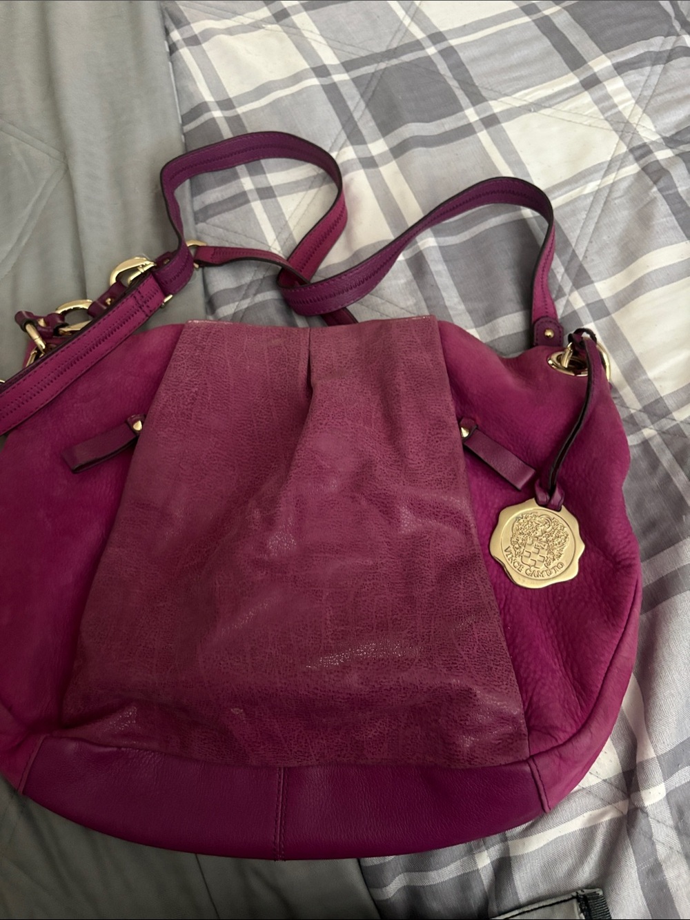 Vince Camuto Women's Plum Leather Shoulder Bag with Gold Medallion Accent